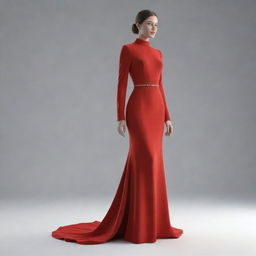 A 3D animation of a long, elegant red dress with long sleeves.