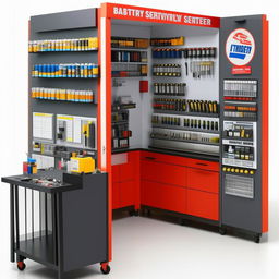 Miniature model of a compact 25x15 feet battery repair service center, with a tools trolley, front rack, side work table, and a wall-mounted battery parts display.