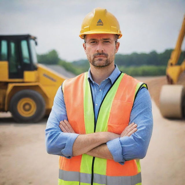 A road engineer in safety gear, standing confidently on-site with his arms crossed over his chest, not holding any papers or blueprints, surrounded by road construction equipment