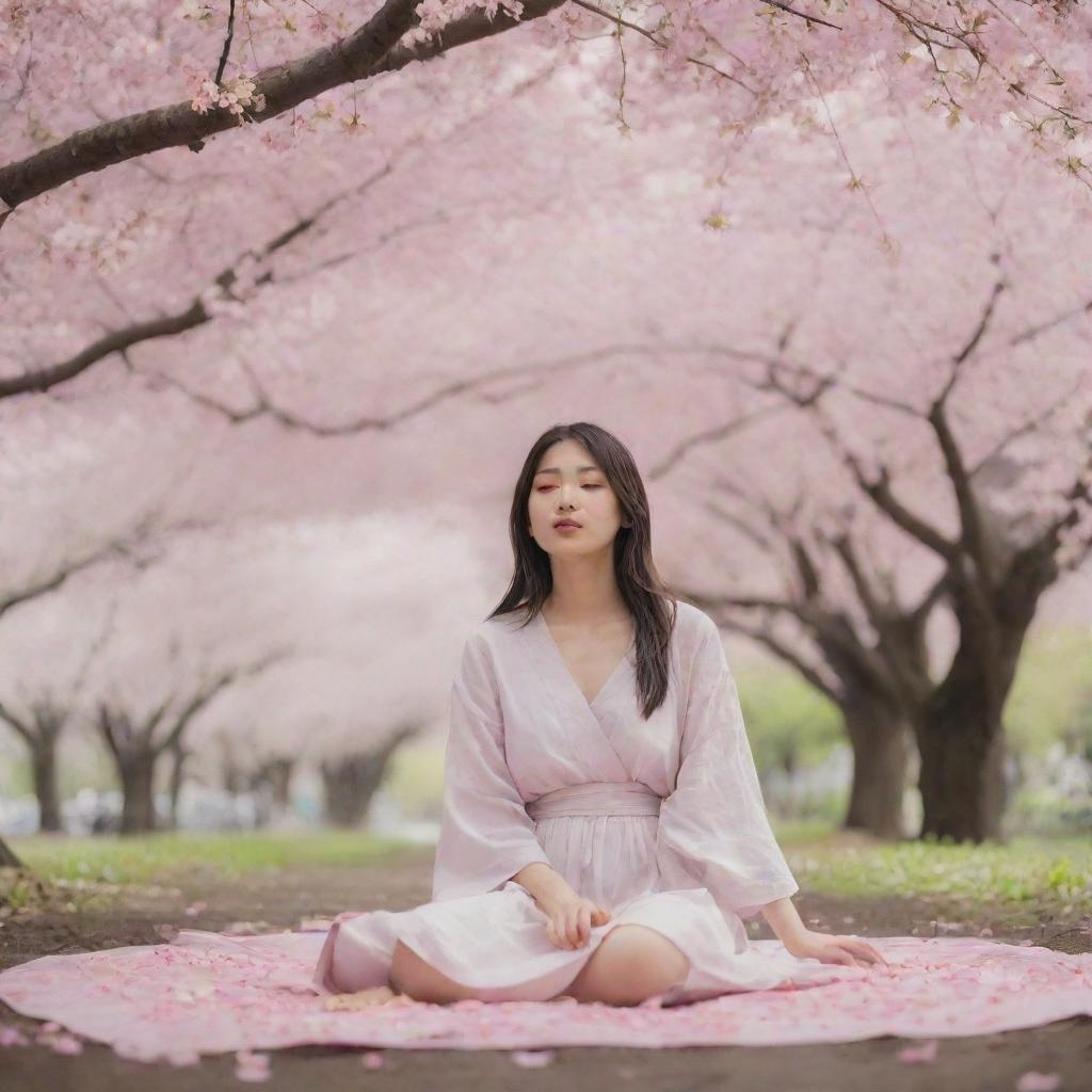 A serene girl sitting under a canopy of blooming sakura flowers, petals floating around her.