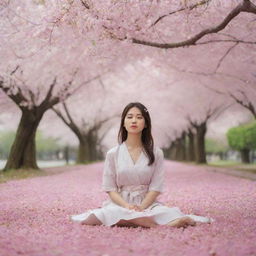 A serene girl sitting under a canopy of blooming sakura flowers, petals floating around her.