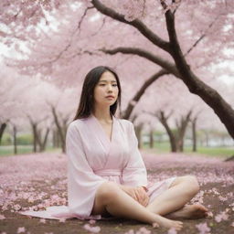 A serene girl sitting under a canopy of blooming sakura flowers, petals floating around her.