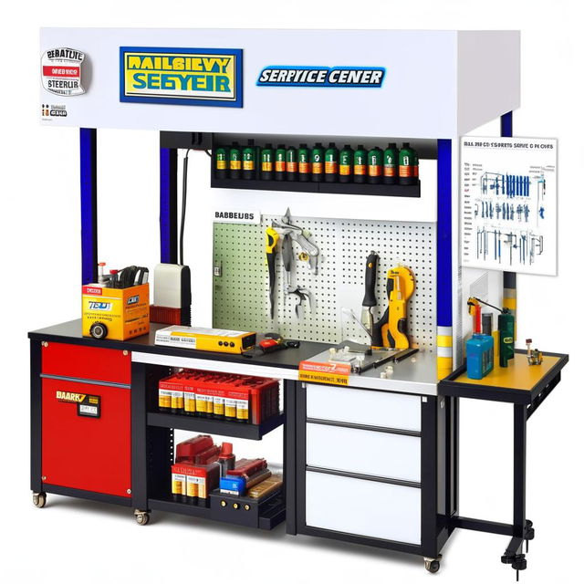 Miniature model of a compact 25x15 feet battery repair service center, with a tools trolley, front rack, side work table, and a wall-mounted battery parts display.