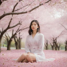 A serene girl sitting under a canopy of blooming sakura flowers, petals floating around her.