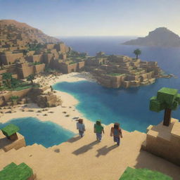 A dynamic and visually striking scene of Minecraft characters exploring the diverse landscapes of Algeria, from desert dunes to coastal views.