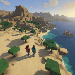 A dynamic and visually striking scene of Minecraft characters exploring the diverse landscapes of Algeria, from desert dunes to coastal views.