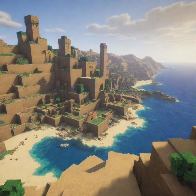 A dynamic and visually striking scene of Minecraft characters exploring the diverse landscapes of Algeria, from desert dunes to coastal views.