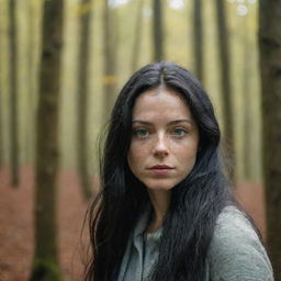 Capture an ultra-detailed, raw-style 4K HD full-body shot in a forest during autumn, as though taken by Sony Alpha II and Sony FE 200, of a 23-year-old woman with green eyes, freckles, and long black hair under natural light.