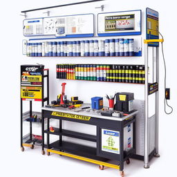 Miniature model of a compact 25x15 feet battery repair service center, with a tools trolley, front rack, side work table, and a wall-mounted battery parts display.