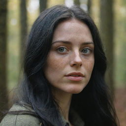 Capture an ultra-detailed, raw-style 4K HD full-body shot in a forest during autumn, as though taken by Sony Alpha II and Sony FE 200, of a 23-year-old woman with green eyes, freckles, and long black hair under natural light.