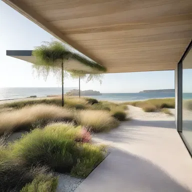 The modern beach house design incorporates halophytes as a unique element, with floating gardens of these resilient plants thriving in the saline soil surrounding the property.