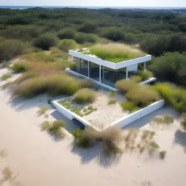 The modern beach house design incorporates halophytes as a unique element, with floating gardens of these resilient plants thriving in the saline soil surrounding the property.