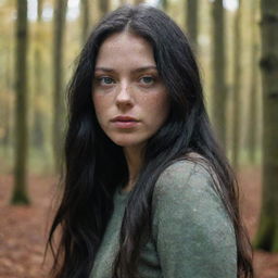 Capture an ultra-detailed, raw-style 4K HD full-body shot in a forest during autumn, as though taken by Sony Alpha II and Sony FE 200, of a 23-year-old woman with green eyes, freckles, and long black hair under natural light.