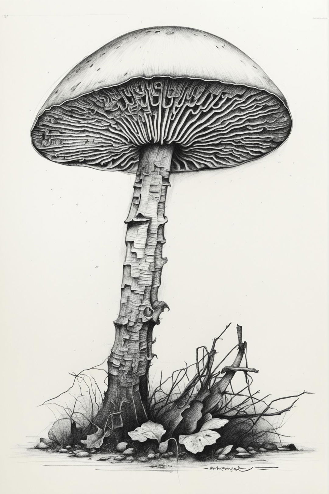 A high-quality pencil sketch of a mushroom, featuring intricate details and exceptional craftsmanship