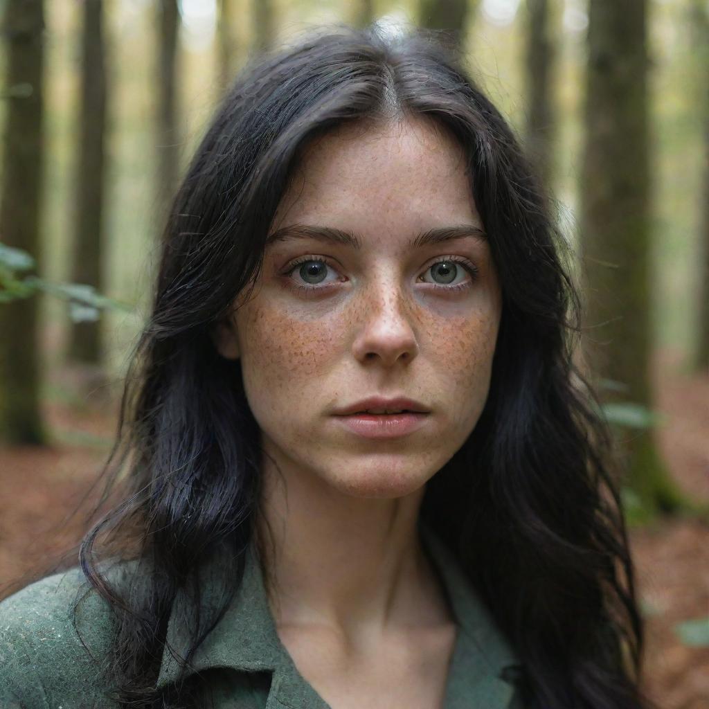 Capture an ultra-detailed, raw-style 4K HD full-body shot in a forest during autumn, as though taken by Sony Alpha II and Sony FE 200, of a 23-year-old woman with green eyes, freckles, and long black hair under natural light.