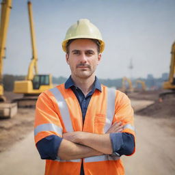 A bridge engineer in safety gear, standing assertively with his arms folded over his chest, without holding any papers, with an under-construction bridge and heavy machinery in the background