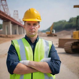 A bridge engineer in safety gear, standing assertively with his arms folded over his chest, without holding any papers, with an under-construction bridge and heavy machinery in the background