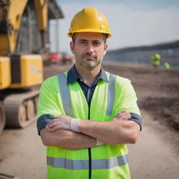 A bridge engineer in safety gear, standing assertively with his arms folded over his chest, without holding any papers, with an under-construction bridge and heavy machinery in the background