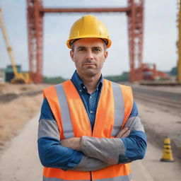 A bridge engineer in safety gear, standing assertively with his arms folded over his chest, without holding any papers, with an under-construction bridge and heavy machinery in the background