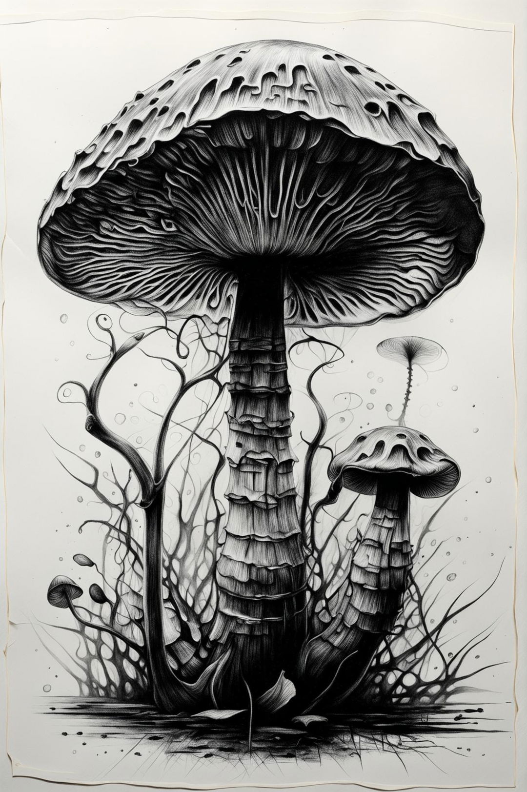 An ultra-detailed charcoal art piece featuring a mushroom on heavyweight art paper