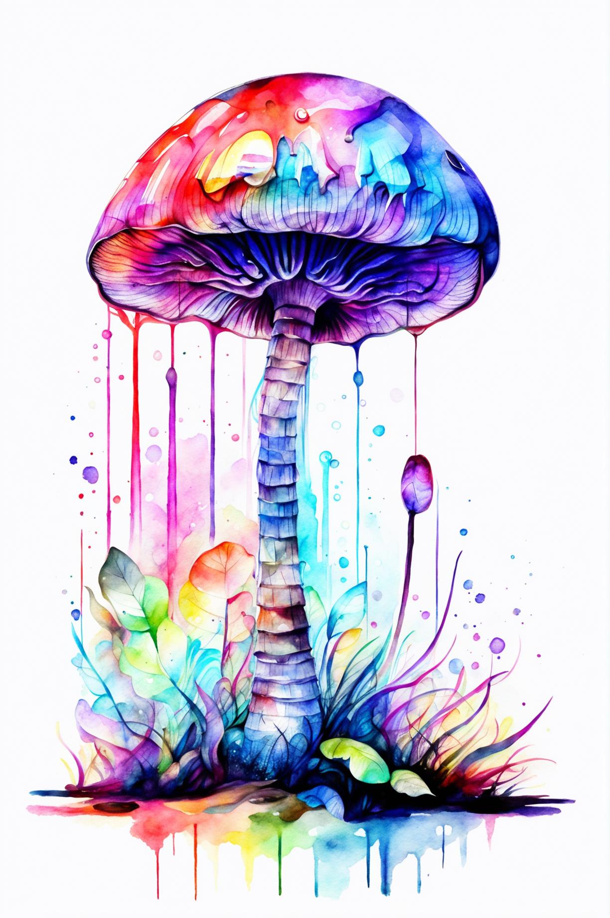 A stunning watercolor painting of a fantasy-inspired, vibrant mushroom