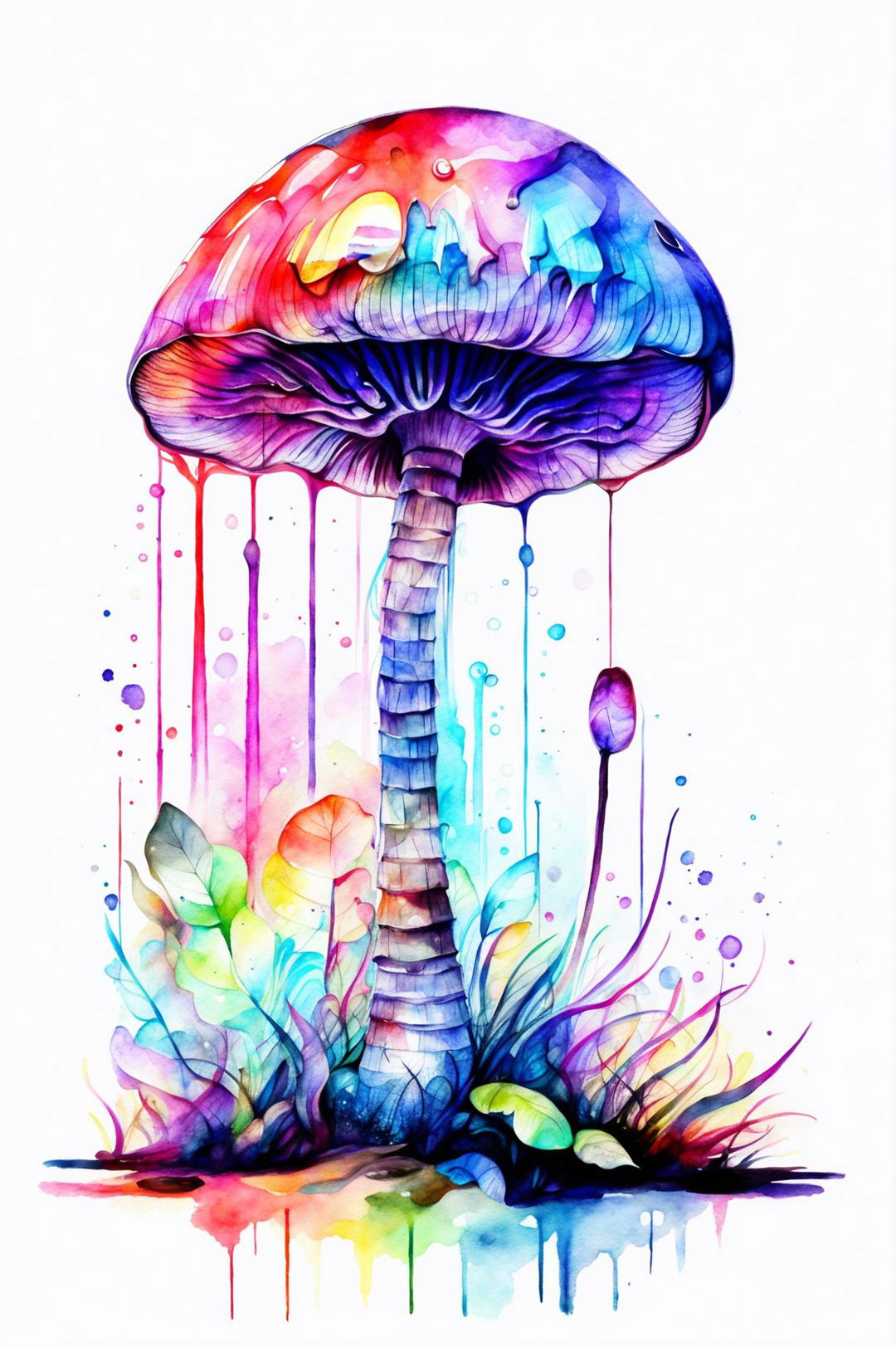 A stunning watercolor painting of a fantasy-inspired, vibrant mushroom