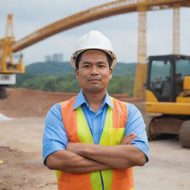 A Filipino bridge engineer, standing with conviction at a construction site, his arms folded over his chest, not holding any blueprints or papers. The backdrop features an under-construction bridge and heavy machinery