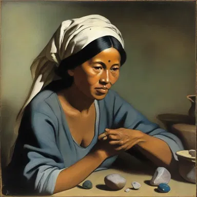 In the painting, the artist depicted a scene of a peasant woman experiencing a moment of good fortune after finding a rare gemstone.