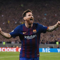 Lionel Messi in mid-celebration, showcasing his iconic pose after scoring a goal. He is in his Barcelona uniform, his face ecstatic with triumph, pointing towards the sky in a packed football stadium.