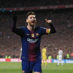 Lionel Messi in mid-celebration, showcasing his iconic pose after scoring a goal. He is in his Barcelona uniform, his face ecstatic with triumph, pointing towards the sky in a packed football stadium.