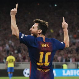 Lionel Messi in mid-celebration, showcasing his iconic pose after scoring a goal. He is in his Barcelona uniform, his face ecstatic with triumph, pointing towards the sky in a packed football stadium.