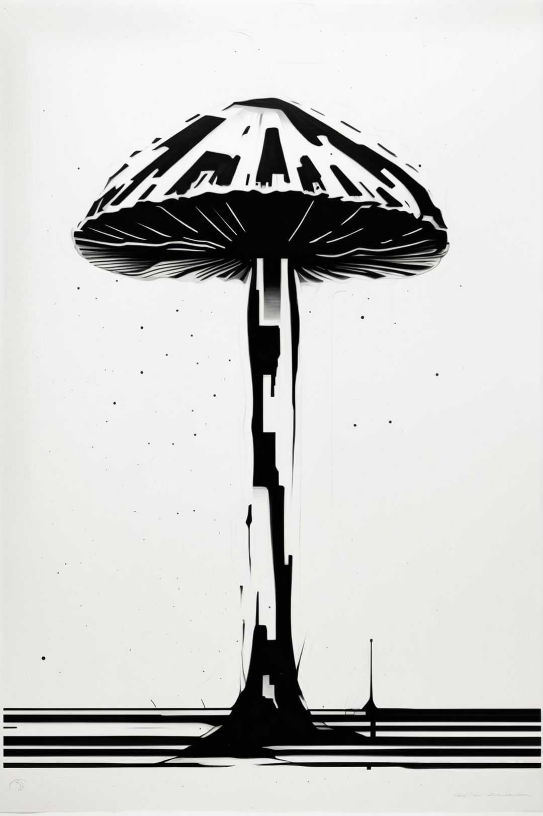 An abstract digital art piece of a mushroom in monochrome