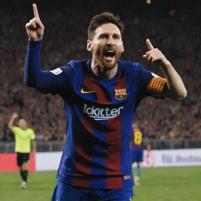 Lionel Messi in mid-celebration, showcasing his iconic pose after scoring a goal. He is in his Barcelona uniform, his face ecstatic with triumph, pointing towards the sky in a packed football stadium.