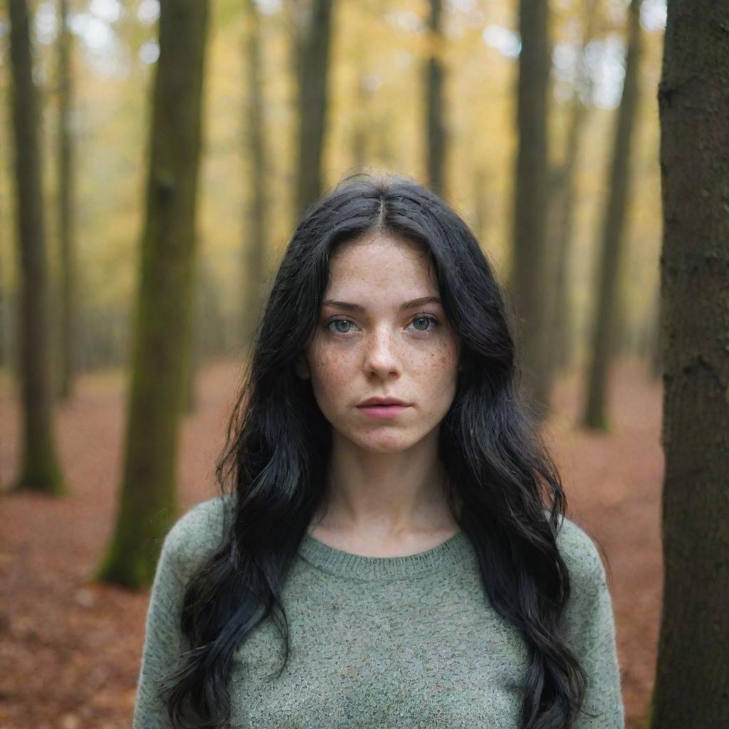 Capture an ultra-detailed, raw-style 4K HD full-body shot in a forest during autumn, as though taken by Sony Alpha II and Sony FE 200, of a 23-year-old woman with green eyes, freckles, and long black hair under natural light.