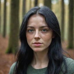 Capture an ultra-detailed, raw-style 4K HD full-body shot in a forest during autumn, as though taken by Sony Alpha II and Sony FE 200, of a 23-year-old woman with green eyes, freckles, and long black hair under natural light.