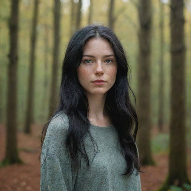 Capture an ultra-detailed, raw-style 4K HD full-body shot in a forest during autumn, as though taken by Sony Alpha II and Sony FE 200, of a 23-year-old woman with green eyes, freckles, and long black hair under natural light.