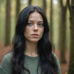 Capture an ultra-detailed, raw-style 4K HD full-body shot in a forest during autumn, as though taken by Sony Alpha II and Sony FE 200, of a 23-year-old woman with green eyes, freckles, and long black hair under natural light.