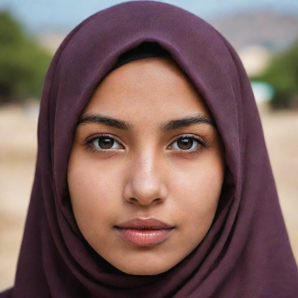 A gentle, brown-eyed, dark-skinned girl with medium-sized lips, wearing a hijab, of Algerian origin.