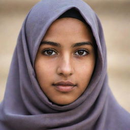 A gentle, brown-eyed, dark-skinned girl with medium-sized lips, wearing a hijab, of Algerian origin.