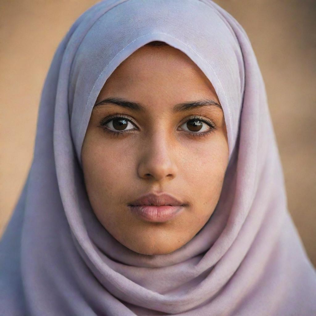 A gentle, brown-eyed, dark-skinned girl with medium-sized lips, wearing a hijab, of Algerian origin.