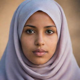 A gentle, brown-eyed, dark-skinned girl with medium-sized lips, wearing a hijab, of Algerian origin.