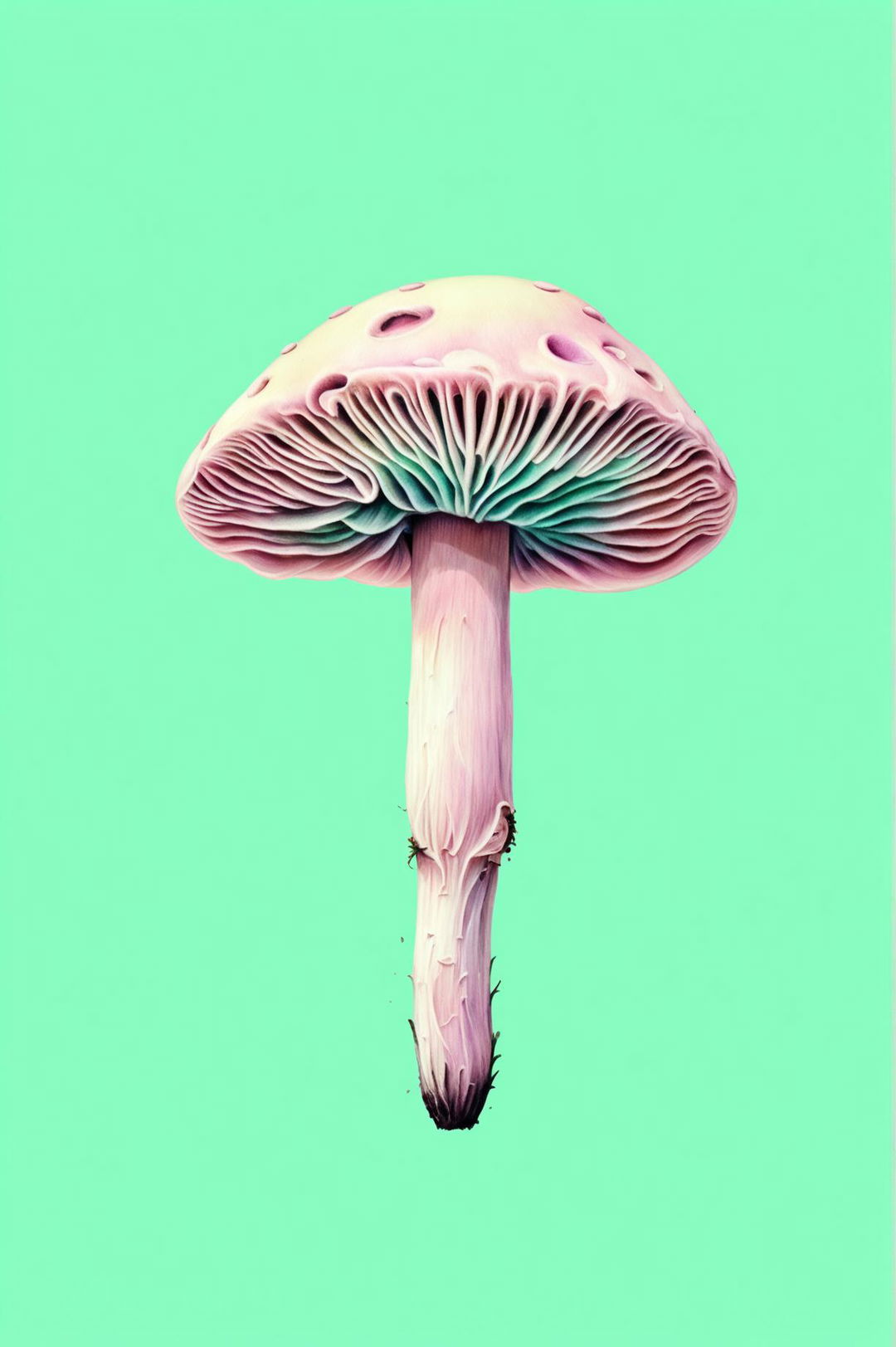 A charming representation of a mushroom painted in a style reminiscent of Wes Anderson's pastel aesthetics