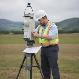 A geodetic engineer in his 40s, with a generously chubby build, seen in a professional outfit, operating surveying equipment on a field with land maps