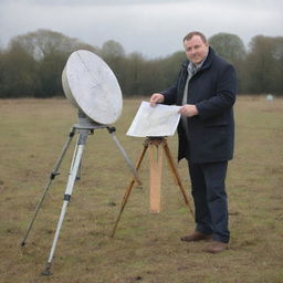 A geodetic engineer in his 40s, with a generously chubby build, seen in a professional outfit, operating surveying equipment on a field with land maps