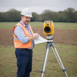 A geodetic engineer in his 40s, with a generously chubby build, seen in a professional outfit, operating surveying equipment on a field with land maps