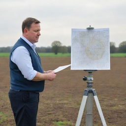 A geodetic engineer in his 40s, with a generously chubby build, seen in a professional outfit, operating surveying equipment on a field with land maps