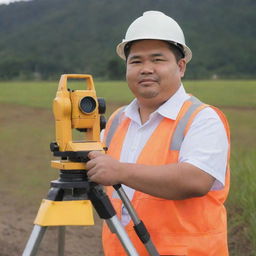 A chubby Filipino geodetic engineer in his 40s, engaged in land surveying work. He wears professional attire and is depicted operating sophisticated geodetic equipment on a varying landscape