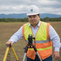 A chubby Filipino geodetic engineer in his 40s, engaged in land surveying work. He wears professional attire and is depicted operating sophisticated geodetic equipment on a varying landscape