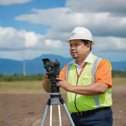 A chubby Filipino geodetic engineer in his 40s, engaged in land surveying work. He wears professional attire and is depicted operating sophisticated geodetic equipment on a varying landscape