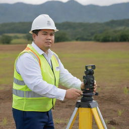 A chubby Filipino geodetic engineer in his 40s, engaged in land surveying work. He wears professional attire and is depicted operating sophisticated geodetic equipment on a varying landscape